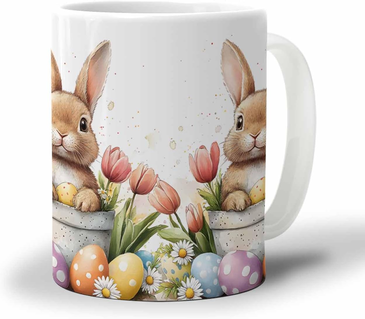 BEMIGO Ceramic Coffee Mug Easter Bunny Egg Ceramic Mug White Cup, Spring Tulip Insulated Coffee Cup with Handle with Pattern Perfect for Tea and Hot Beverages, 12oz