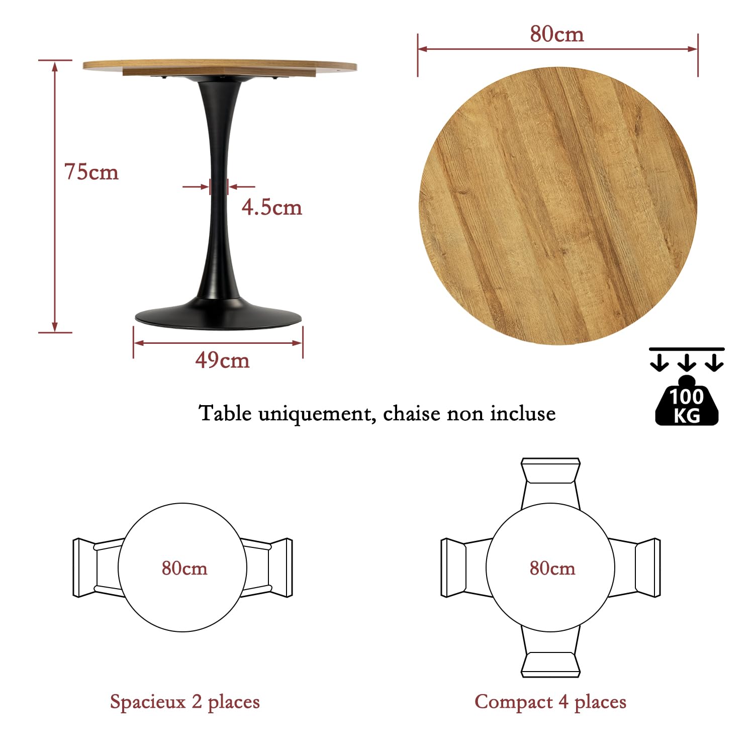 Meuble Cosy Table Salle à Manger Ronde Vintage 2-4 Personnes pour Salon Cuisine Bureau, en Bois d'ingénierie et Métal, Chêne + Noir, 80x80x75cm