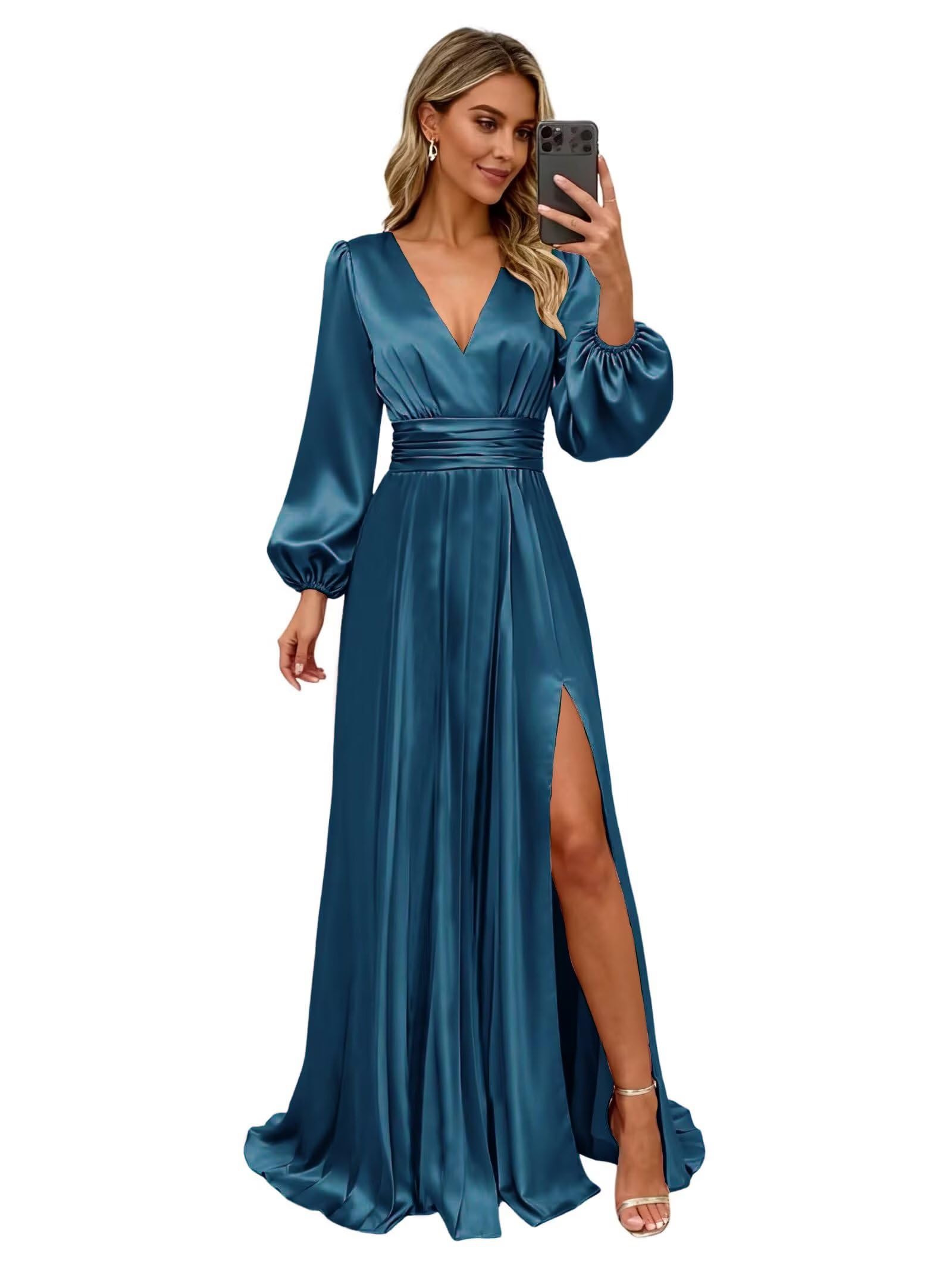 Fivsole Women's Satin Bridesmaid Dresses with Sleeves Long Sleeves Formal Evening Gowns with Slit