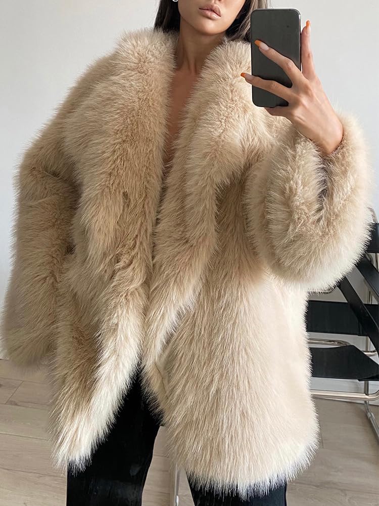 Shaggy Overcoat Outerwear Beige Faux Fur Warm Coat Women's Fashion Puffy Fur Jacket Sweater - Image 6