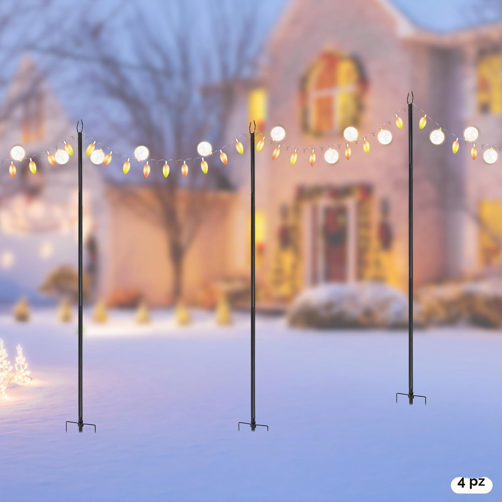 String Lights Poles Set di 4 aste in metallo per esterni, 3 m, per catena luminosa, asta esterna stabile con forcella e punta per giardino, terrazza, balcone, matrimonio, festa, illuminazione