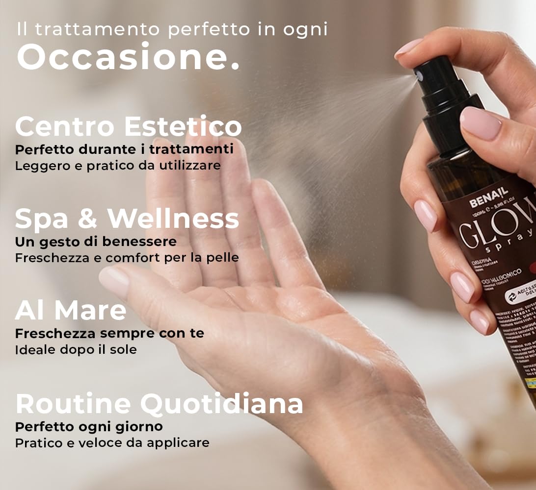 Benail | Glow Spray Idratante Mani e Unghie con Acido Ialuronico e Cheratina, crema mani antiage, Trattamento Cuticole Profumato, lentivo, idratante con Asciugatura Rapida, Made in Italy