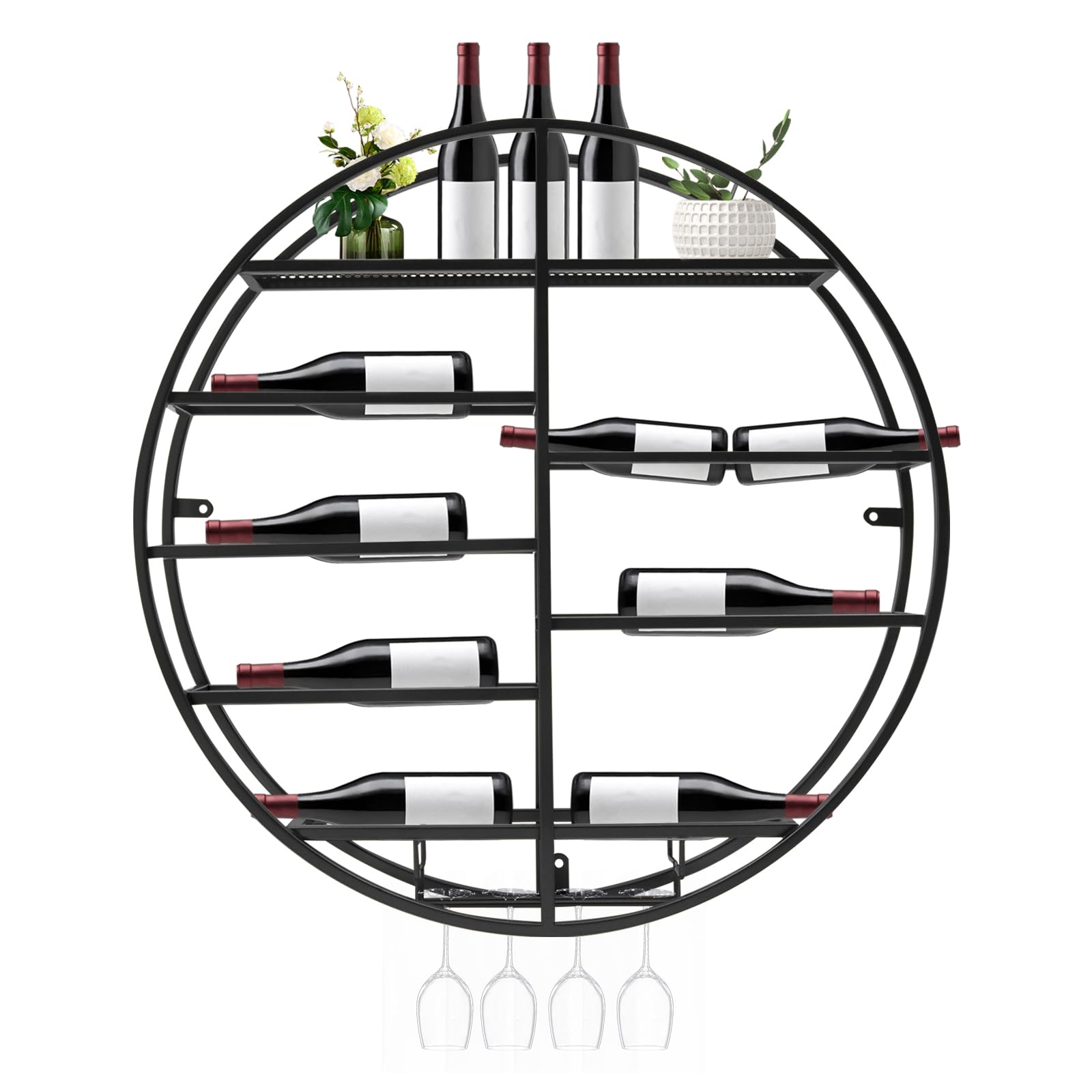 CNCEST Vintage Wine Rack, Round Wall Mounted Hanging Wine Bottle Holder Stemware Hanger Rack Metal Bar Floating Shelf Hanging Stemware Goblet Wine Glass Holder, DiaxW: 60cm/23.6inx11cm/4.33in (Black)