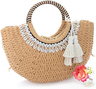 QTKJ Semi-circle Beach Rattan Straw Handbags with Tassels Pendant, Simple Retro Fashion Hand-woven Summer Beach Tote Straw Bag Purse with Sea Shell for Women