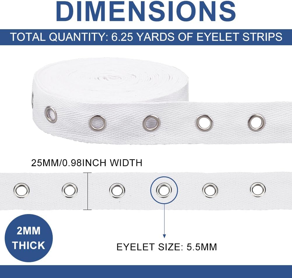 BENECREAT 6.25 Yards Cotton Grommet Tape Silver Eyelet Tape 1inch Wide White Eyelet Grommet Tape Twill Tape with Silver Eyelet for Sewing DIY Lace up Tee Shirt Kit