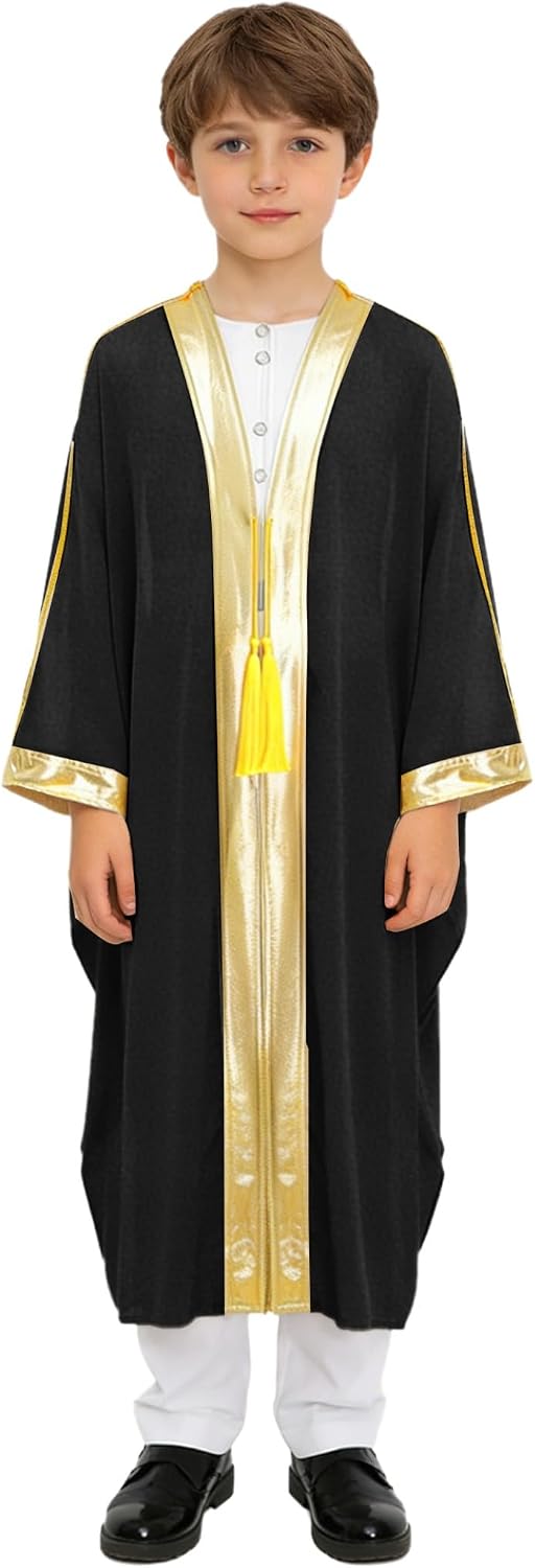 Linjinx Boys Robe Islamic Muslim Robe Abaya Batwing Sleeve Metallic Arabic Kaftan Dubai Tassel Cardigan Thobe Kimono