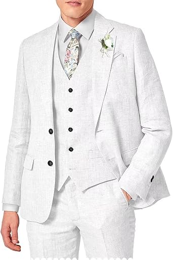 Wangyue Mens Linen Suit Slim Fit 3 Piece Suit Casual Summer Beach Wedding Groomsmen Linen Suit Set