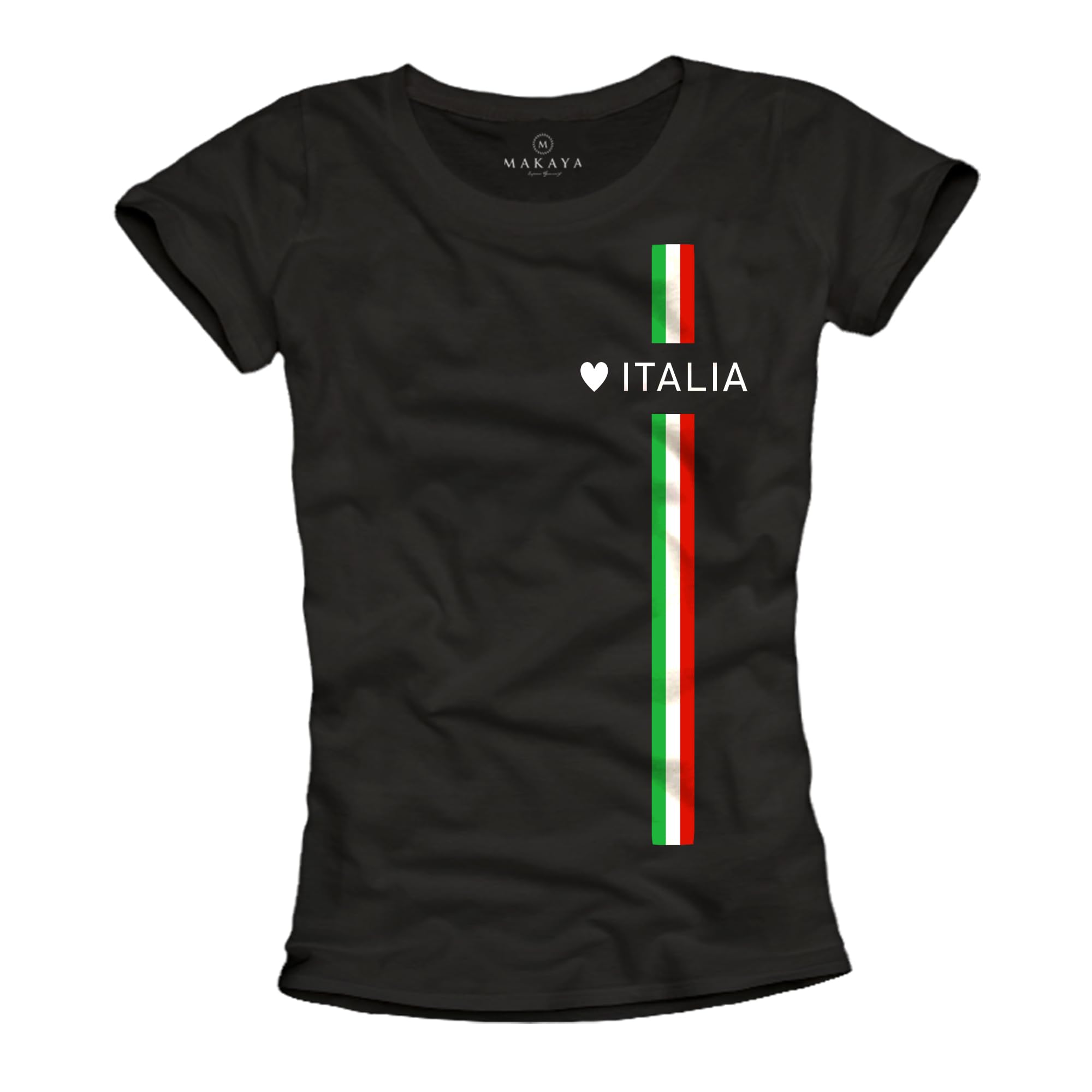Makaya Women's Black Top With Italy Flag Slogan Love Italia T-Shirt Italian Tee M