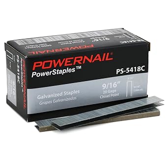 Powernail PS5418C 20 Gauge 3/16 Inch Crown 9/16 Inch Length Chisel Point Collated Galvanized Staples, for Fastening Carpet and Upholstery Box of 5000
