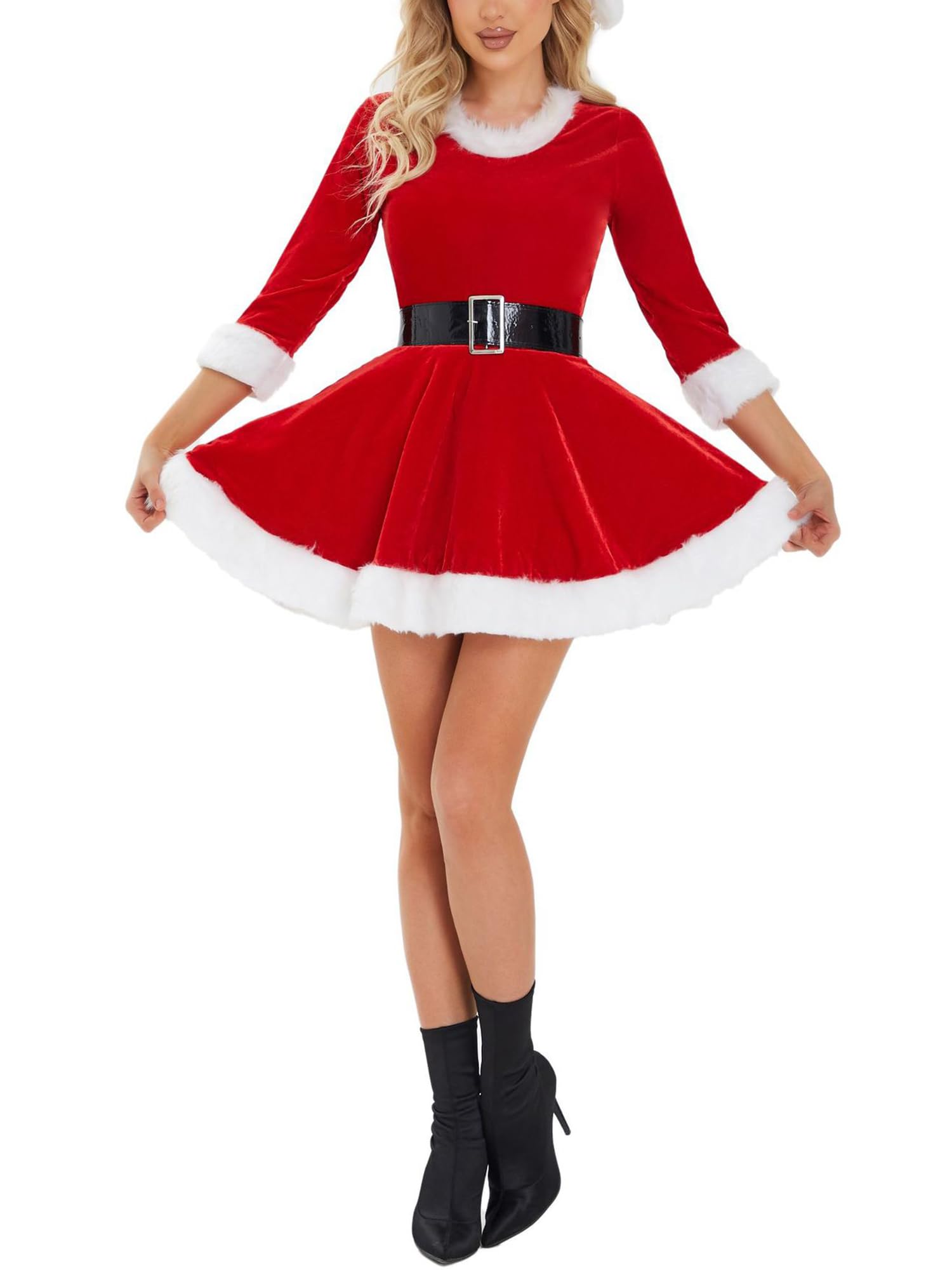 Acrawnni Women Mrs Santa Claus Costume Deluxe Velvet Sexy Santa Outfits Red Christmas Outfit Party Cosplay with Belt (C-Red, XL)