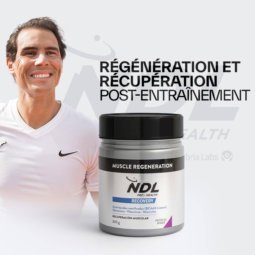 NDL Pro-Health BCAA 2:1:1 + Glutamine poudre avec vitamines et minéraux | récupération musculaire, réduction des courbatures et performance, goût fruits rouges, 300 g – Rafa Nadal & Cantabria Labs
