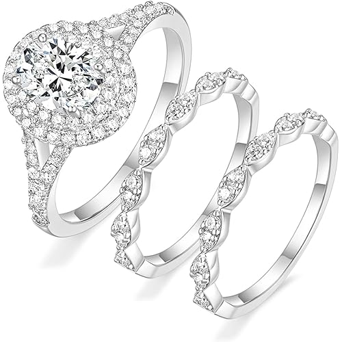 TIGRADE 1.5CT Bridal Ring Sets Oval Cut Cubic Zirconia Wedding Band Halo CZ Engagement for Women Size 3.5-12