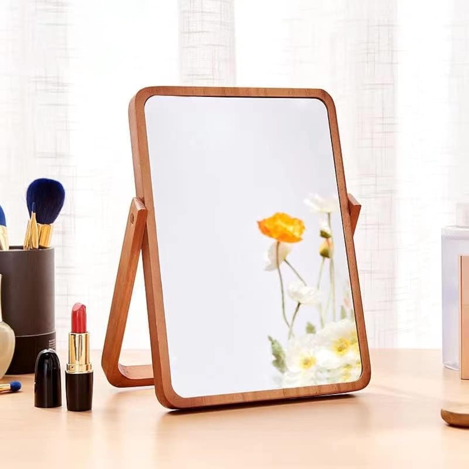 MAKINGTEC Wooden Desk Mirror for Makeup, Table Mirror Vanity with Wood Frame Rectangle Countertop Mirror Farmhouse Bedroom for Living Room, Bathroom Dorm Make Up Mirror for Make up Table
