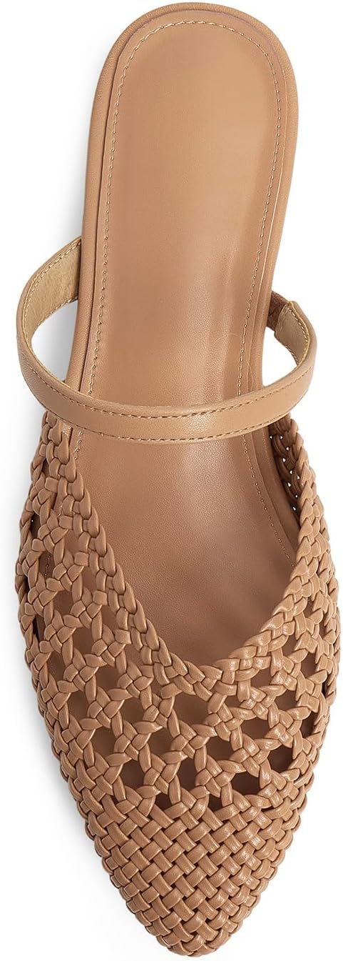 Mesh Mules for Women Comfy Raffia Woven Strap Closed Pointed Toe Mule Flats Casual Slip on Dress Slides Flats