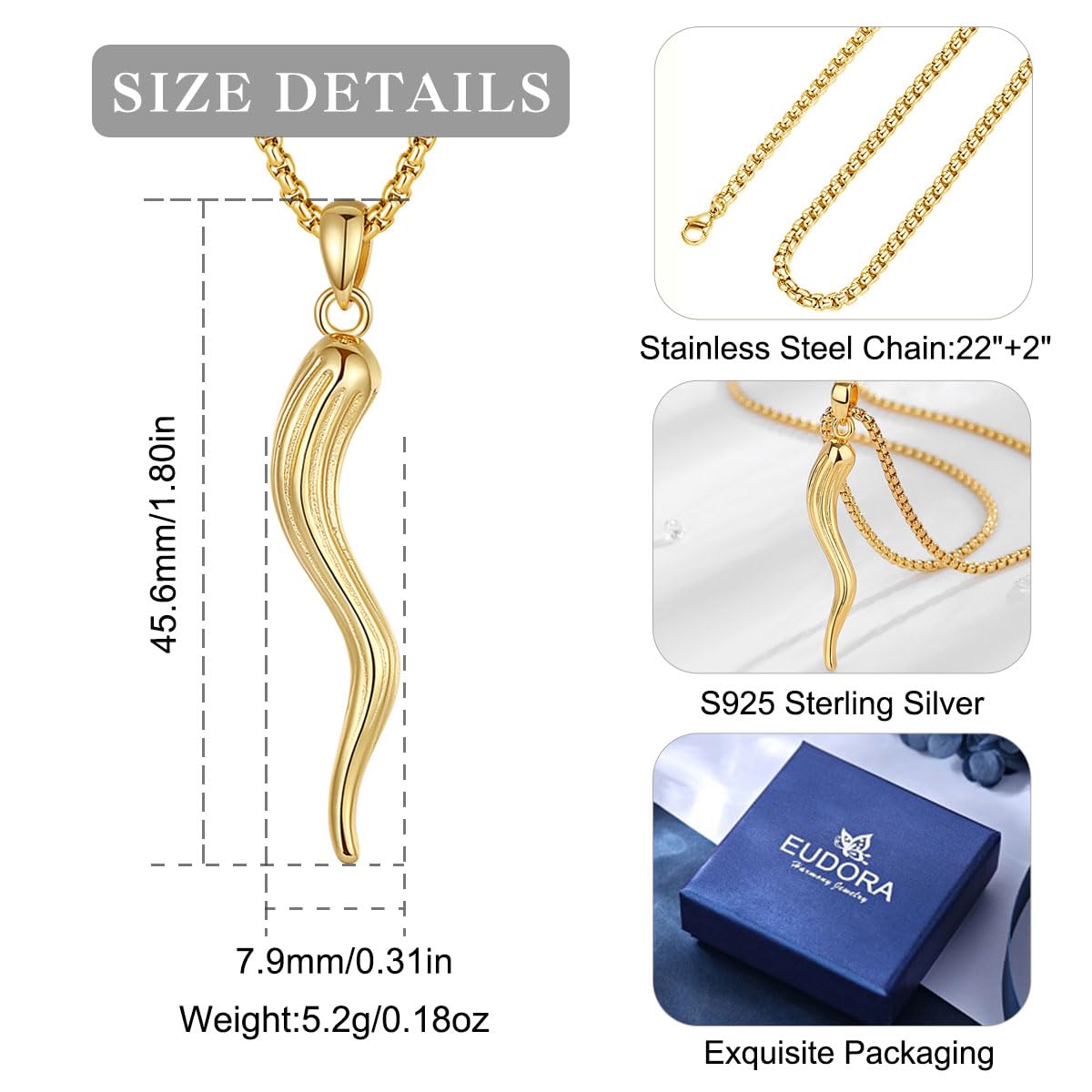 Collana con Corno Italiano in Argento Sterling 925 per Uomo e Donna, Cornice Protettiva con Amuleto di Pepe Italiano in Oro 18K, Portafortuna, Regali di Gioielli, 20"+ 2"
