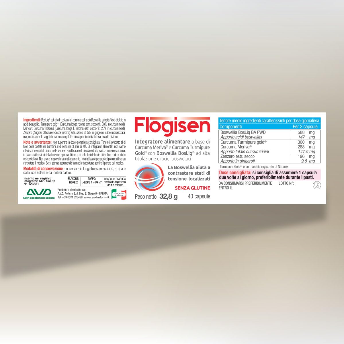 AVD REFORM | Flogisen – Formula con Curcuma Meriva, Turmipure Gold e Boswellia BosLiq per stati di tensione localizzata - 40 capsule - Prodotto in Italia