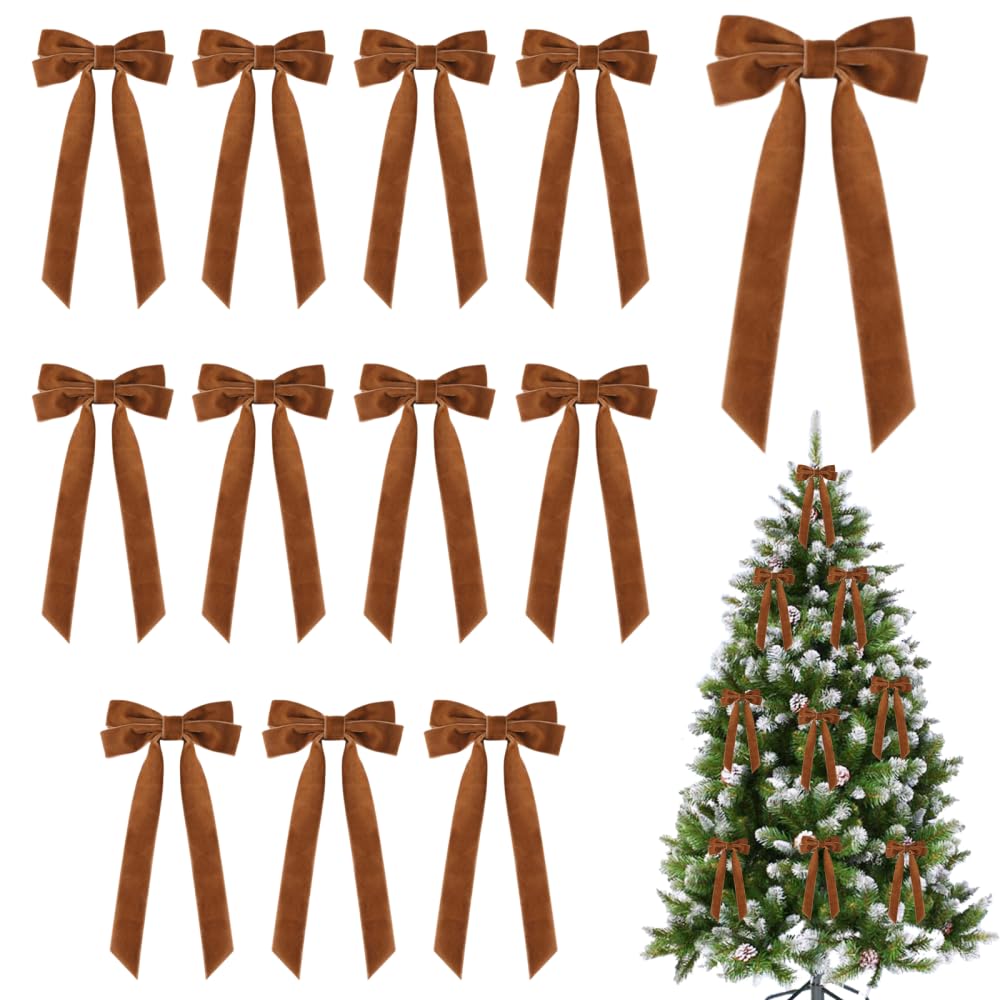 MiOYOOW 12PCS Valentine Bow Decors, 8.7 * 5.1" Soft Vintage Tree Topper Bows, Valentine Bow Ornaments for Home Thanksgiving Party Holiday Decoration