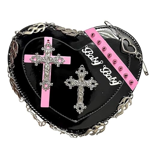 Goth Purse Y2K Heart Shaped Bag Kawaii Gothic Bag Punk Cross Decor Bag Studded Crossbody Bag - Black