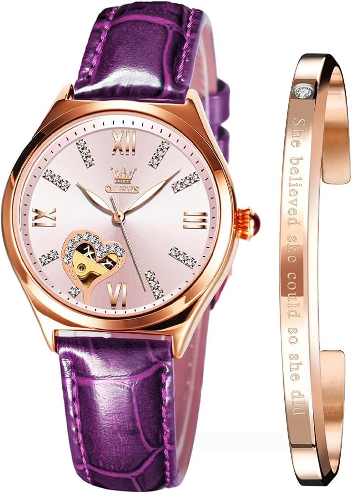 OLEVS Reloj mecánico automático para mujer, correa de cuero, cuerda automática, reloj de pulsera para mujer, esfera de corazón de diamante,