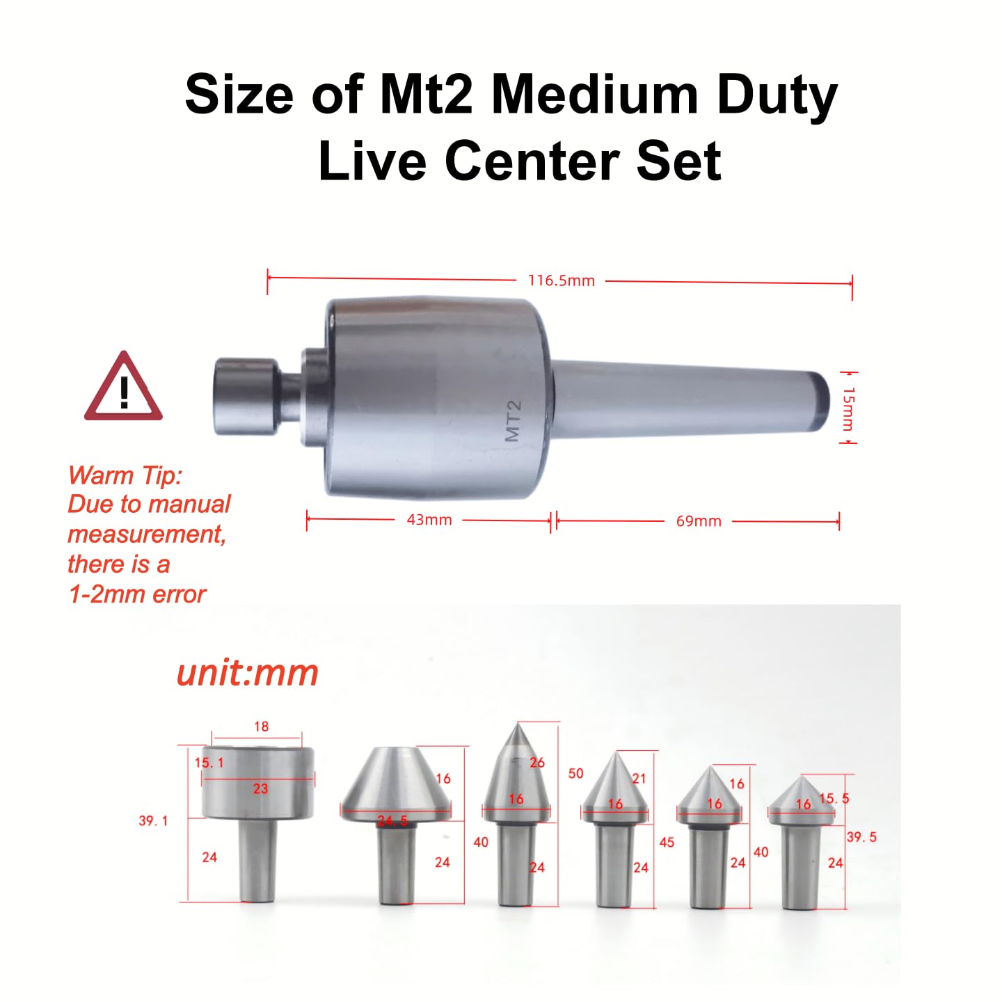 Mt2 Medium Duty Live Center Set, 2MT Morse Taper Live Center Revolving High Carbon Steel Interchangeable with Tip, Fit for Lathe Tailstock Machine