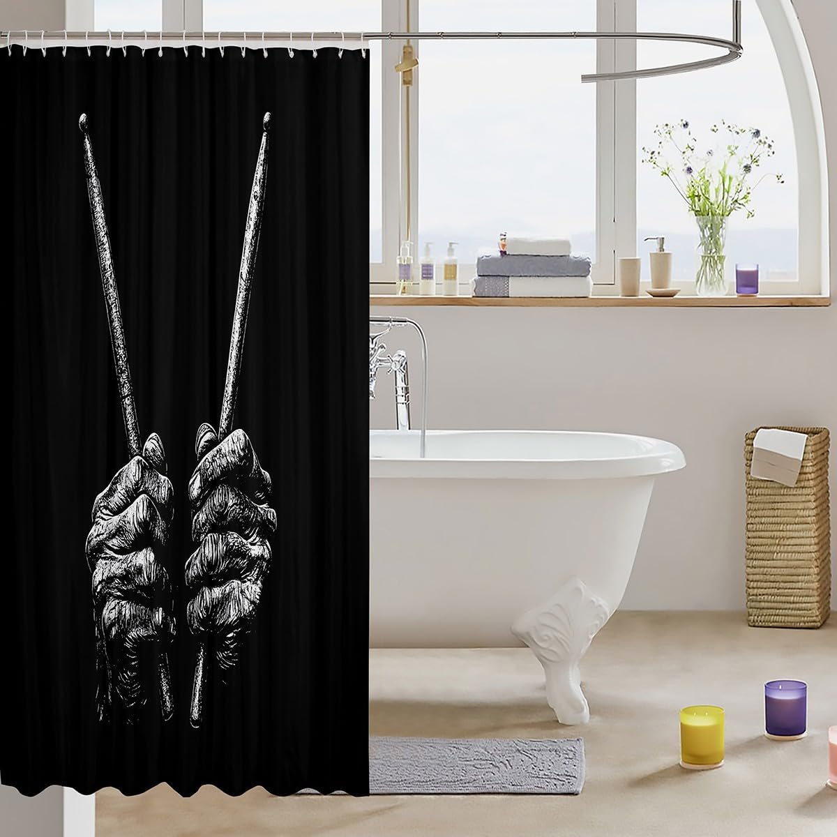 Erosebridal Drum Kit Bathroom Accessories Drumsticks Shower Curtain Hip Hop Musical Instrument Bathroom Curtain for Kids Adults 72" Wx72 L Fashion Music Lovers Shower Decor image 3