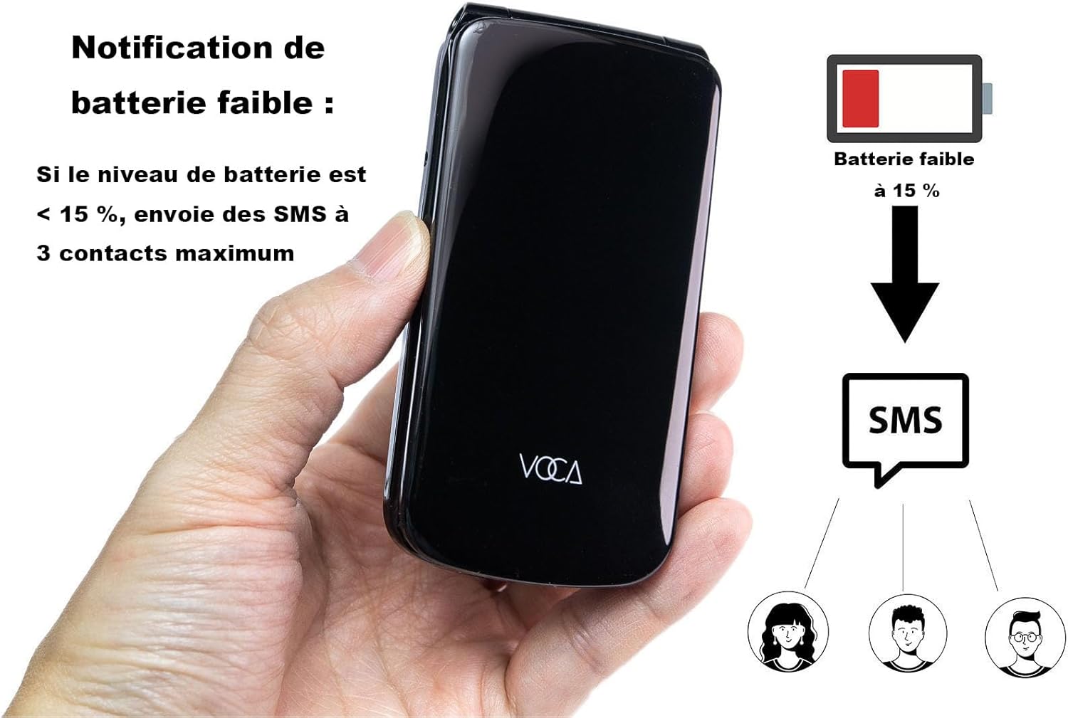 VOCA V340 Flip Phone illustrating low battery SMS notification