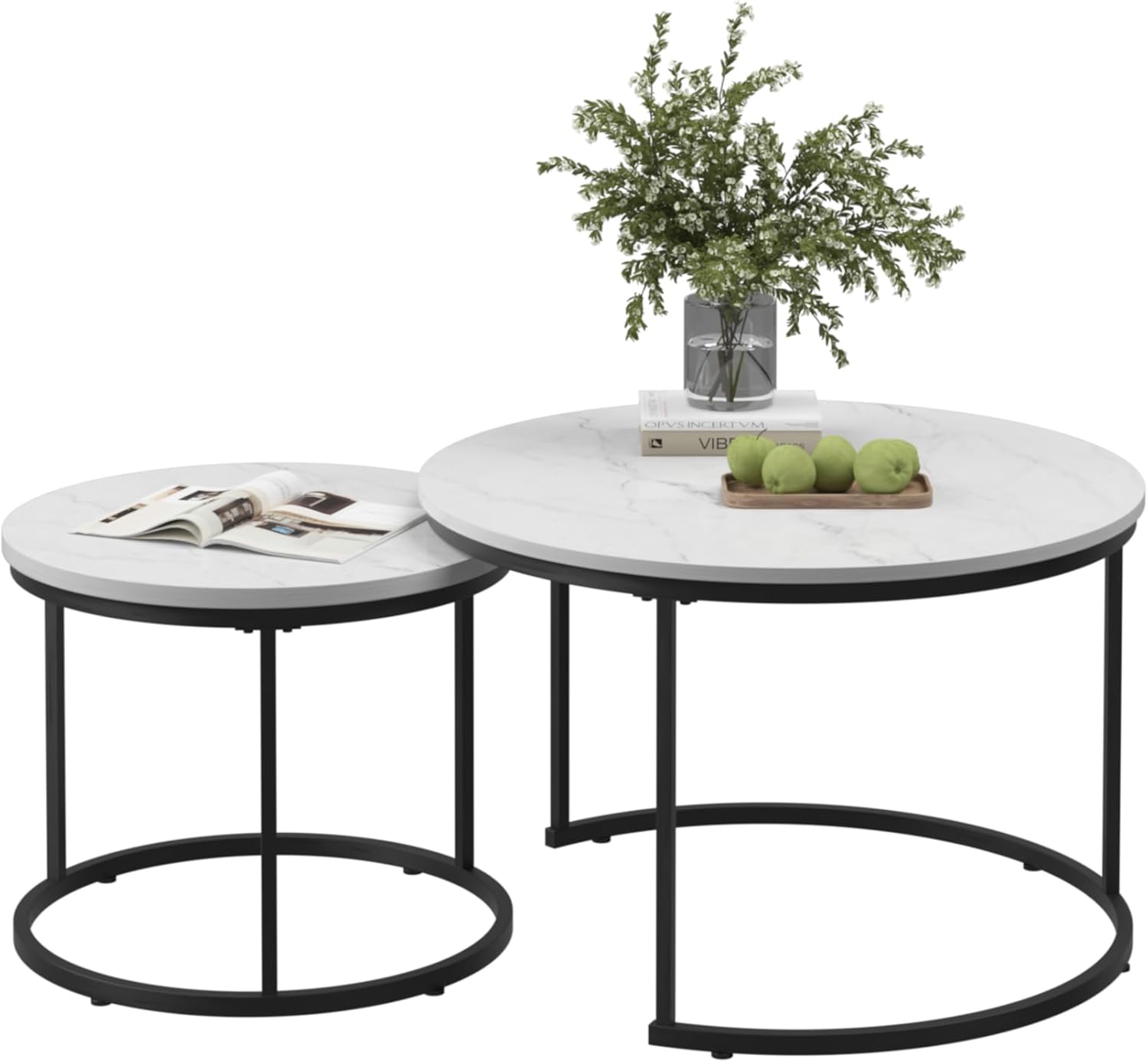 Nesting Coffee Table Set of 2, Round Nesting Side End Tables for Living Room, Modern Stacking Nested Coffee Table with Wooden Marble Pattern Top for Bedroom Office Balcony Yard, White