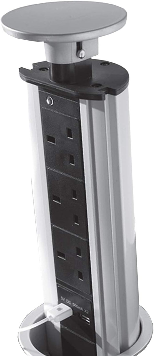 Pop-up 3 Gang Mains Power Extension Tower | Stainless Steel | 3 Way Plugs & 2X USB Charging Ports | Hidden Flush Recess Retractable Mounted Pull Up Sockets | Kitchen Worktop & Office Desk | Loops