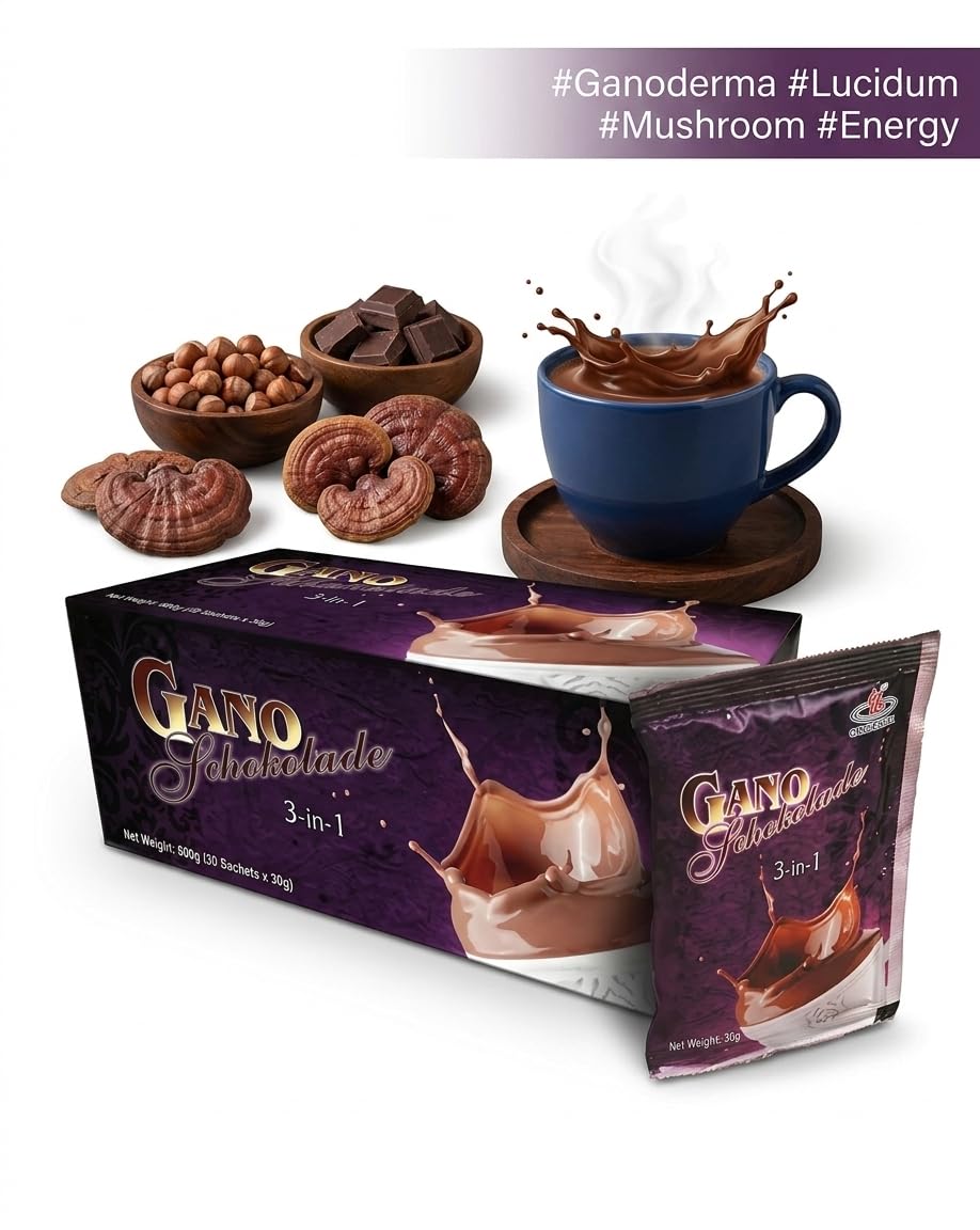 Gano Schokolade Ganoderma Chocolate Drink Mix – Instant Mushroom Hot Chocolate with Reishi, Creamy Cocoa Beverage, Rich Chocolate Flavor, 20 Single Serve Sachets (600g Total), Pack of 1