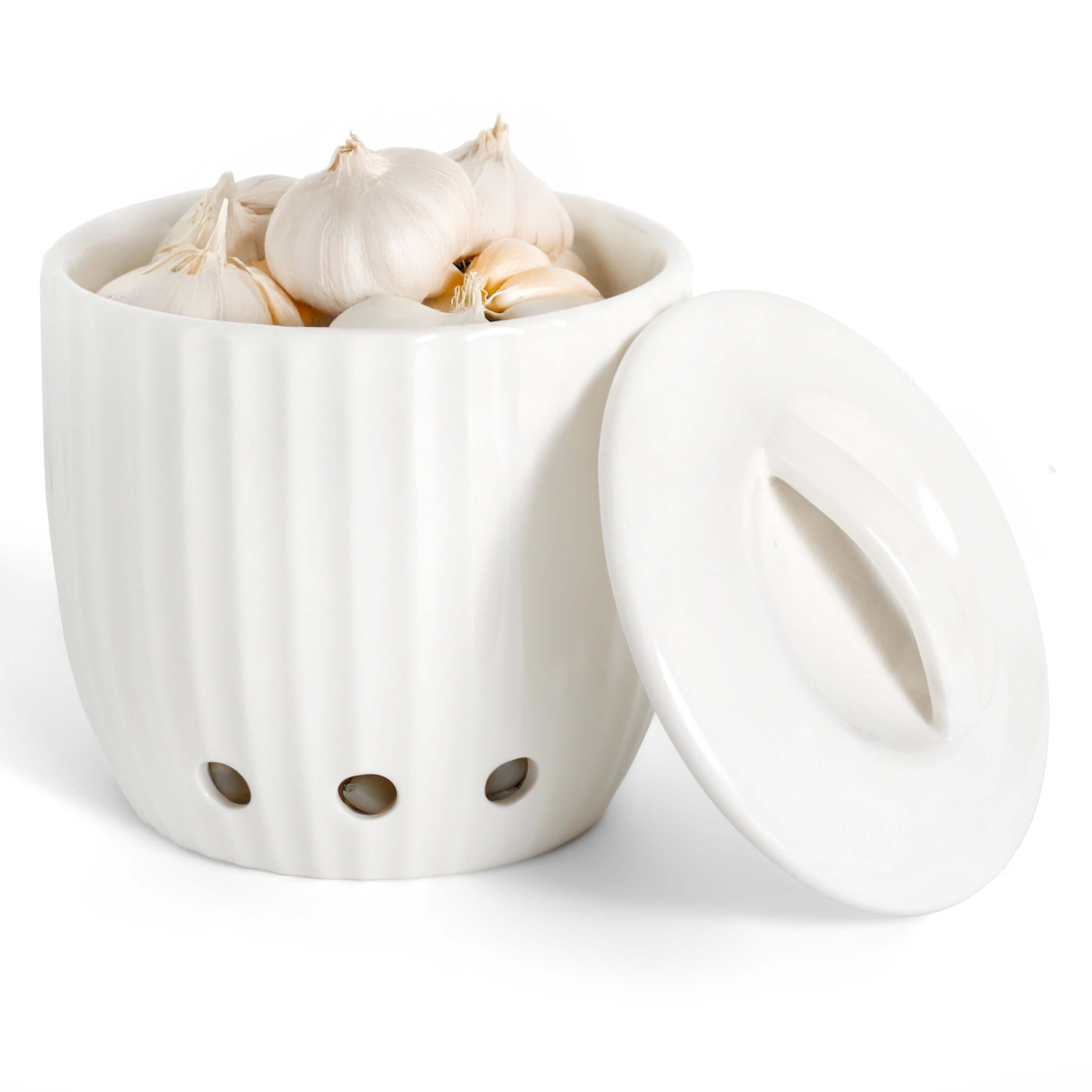 Ceramic Garlic Keeper - Dishwasher Safe Garlic Holder w/ Lid - Vegetable Storage Keeper w/ Ventilation Holes for Keeping Veggies Fresh & Dry - Modern Countertop Storage Containers for Cooking Lovers