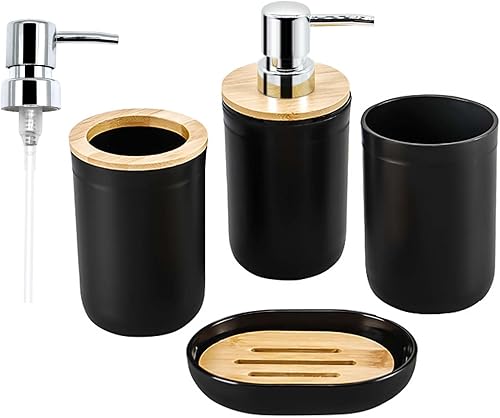 SYOUACEND - Juego de accesorios de baño negros de 5 piezas, juego de accesorios de baño, soportes de plástico para cepillos de dientes con tapa de