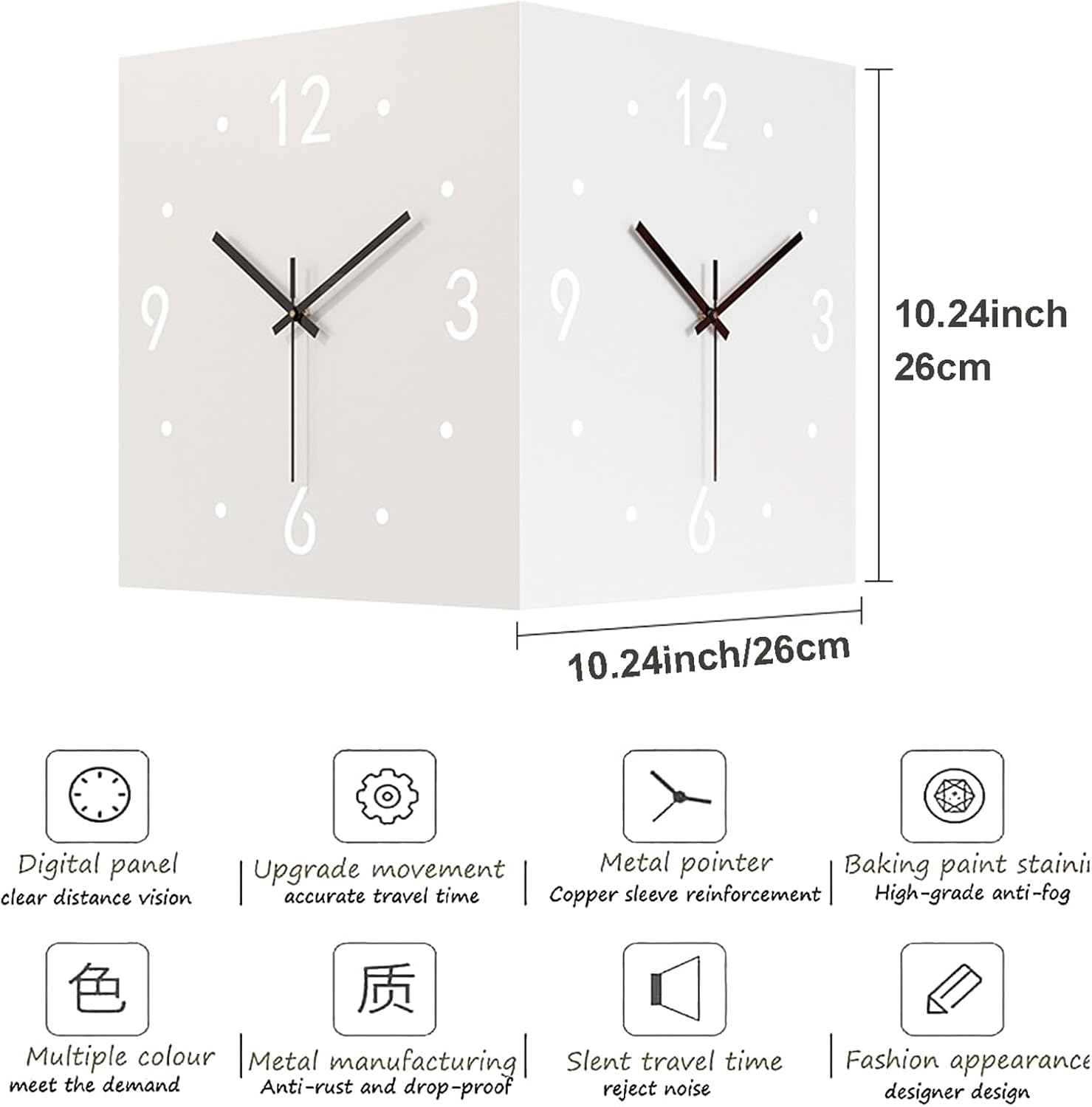 Double Sided Corner Wall Clock, Modern Decorative Art, Silent Square Digital, Sensor Luminous for Living Room Decor, Black