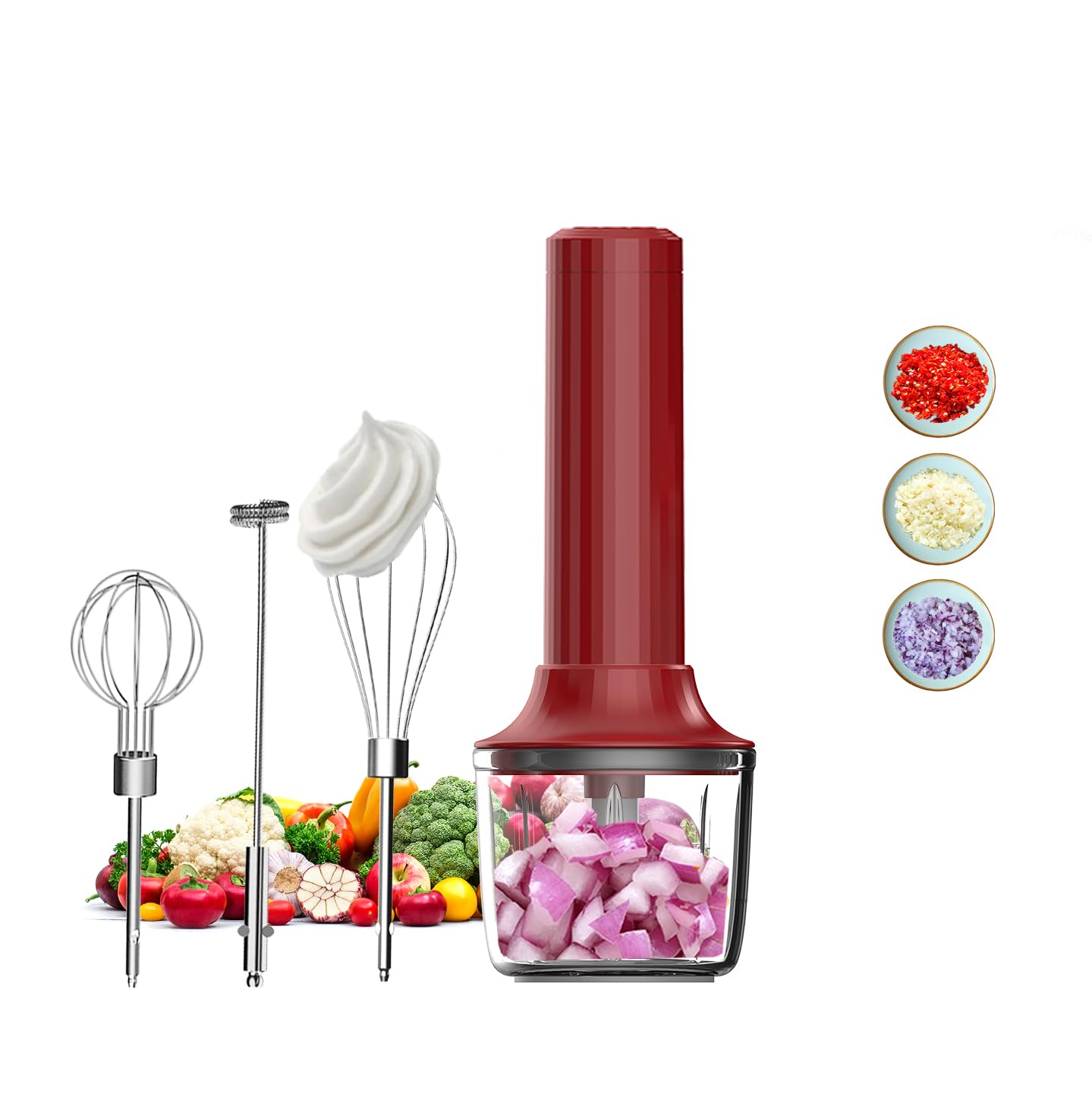 4-in-1 Electric Hand Mixer, Electric Whisk, Mini Onion Chopper 10Oz, Small Cordless Hand Blender, Milk Frother Wand for Coffee, Matcha, 4 Speed Rechargeable Food Processor for Baby Food Maker