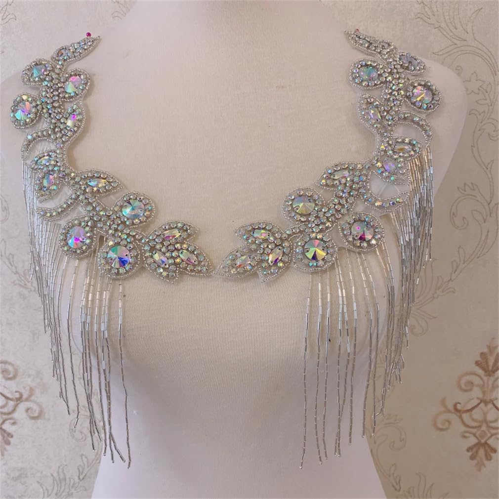 Generic 2Pcs Handmade Crystal Rhinestone Applique Iron On Shoulder Trim for Wedding Dress DIY Accessories, 1 Silver C