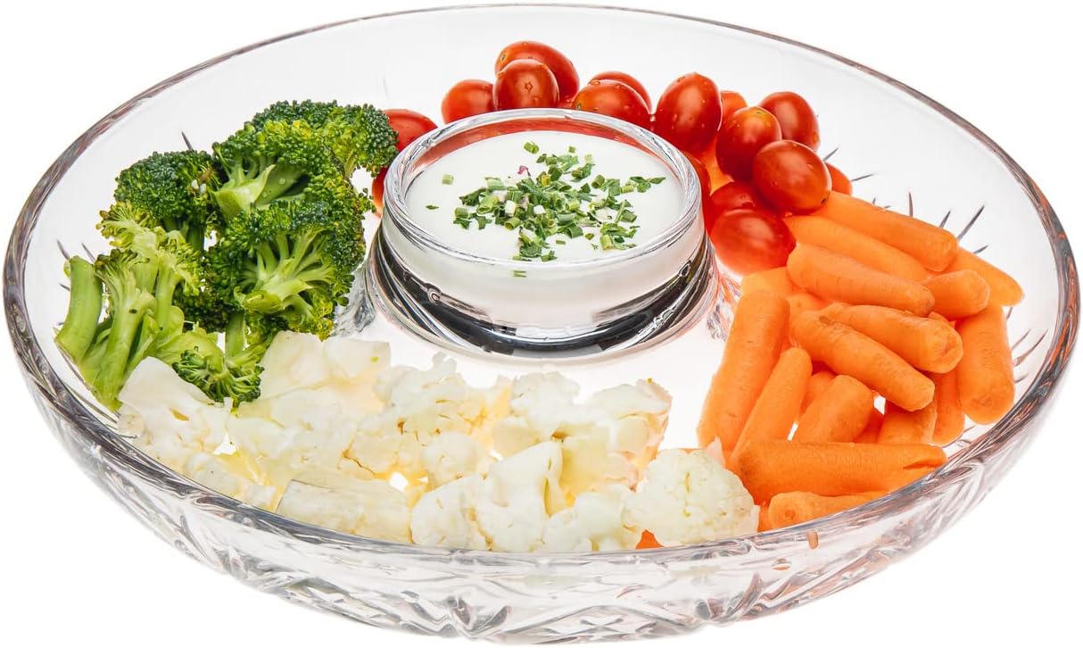 Godinger Crystal Appetizer Serving Platter for Parties Chips and Dip or Snacks Hosting Plate, 11in