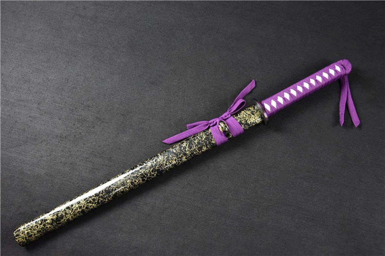 Purple Ninja Wakizashi Combat Ready High Manganese Steel Japanese Samurai Sword Full Tang Sharp Blade Engraved Gold Flowers Beautiful Knife Middle Length Katana
