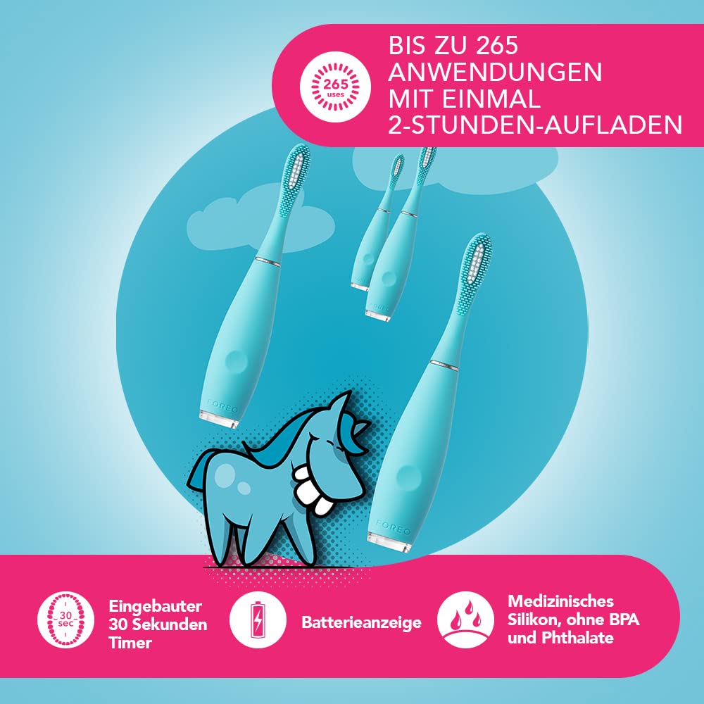 FOREO ISSA kids ultrahygienische elektrische Schallzahnbürste aus Silikon, Kinderzahnbürsten 5–12, Zähne, Zahnfleisch, Wangen & Zunge, Mundpflege, wasserdicht, 265 Tage/USB-Aufladung, 2 Jahre Garantie