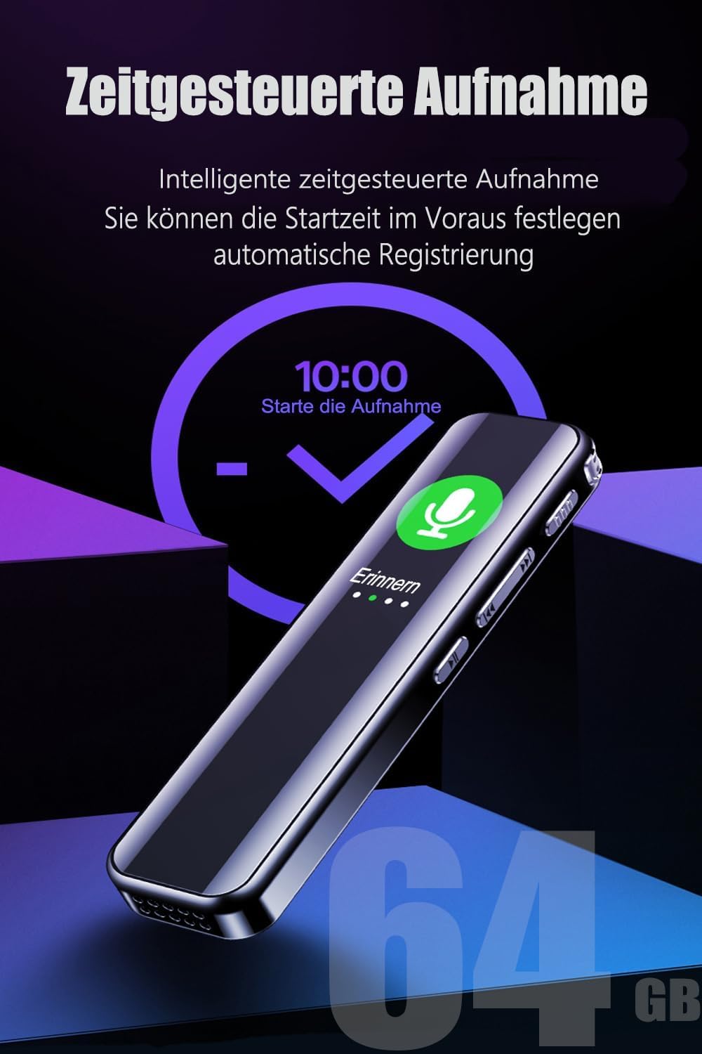 Diktiergerät 64 GB Speicher, Wiederaufladbar Uer USB, Sprachsteuerung, Mit MP3 Player Diktiergerät Mini, Für Kurs, Besprechungs Und Voice Recorder Diktiergerät Mit Schreibfunktion, Voice Recorder