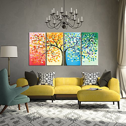 Kreative Arts - 4 Seasons Colorful Lucky Tree Painting Canvas Wall Art Abstract Contemporary Oil Paintings Giclee Prints For Home On Wall Canvas For Living Room Decration (Medium Size 12X24Inchx4Pcs) #TOP1