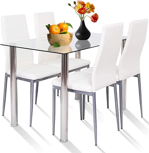 Juego de mesa de comedor de 5 piezas, mesa superior rectangular de vidrio templado de 43 pulgadas, 4 sillas de cuero con respaldo alto, juego de