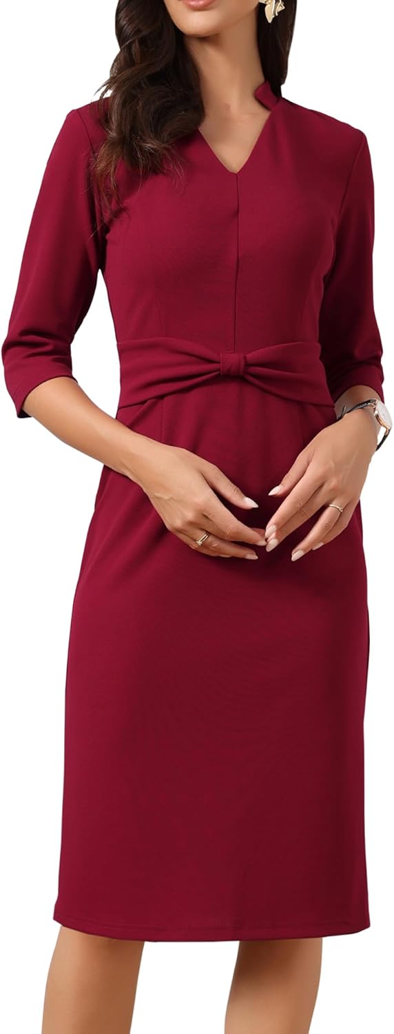 Allegra K Work Dresses for Women 3/4 Sleeve Stand Collared V Neck Business Office Bodycon Sheath Dress 2026