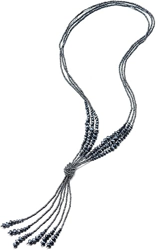 COOLSTEELANDBEYOND Boho Chic Lariat collar borla colgante azul oscuro cristal tres hebras cadena larga en forma de Y, Cristal simulado, no aplica