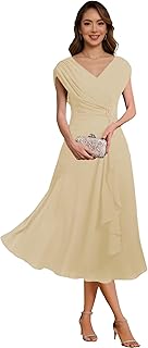 Lace Applique Mother of The Bride Dresses A Line Chiffon Cap Sleeves Evening Gown V Neck Formal Dress for Women﻿ - Buy now