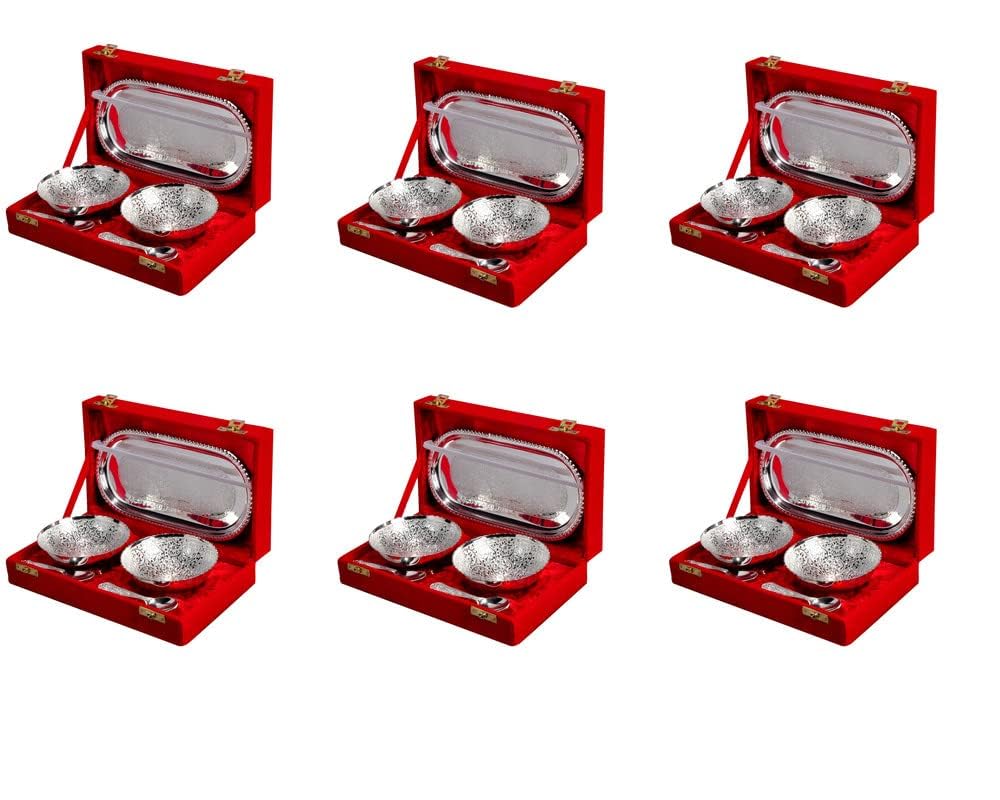 SE Luxury German Silver Plated Round Bowl with Tray Set, 150ml, 5 Pieces, Includes 1 Tray 2 Bowls 2 Spoons, Serving Snack Bowl Set, Pack of 6