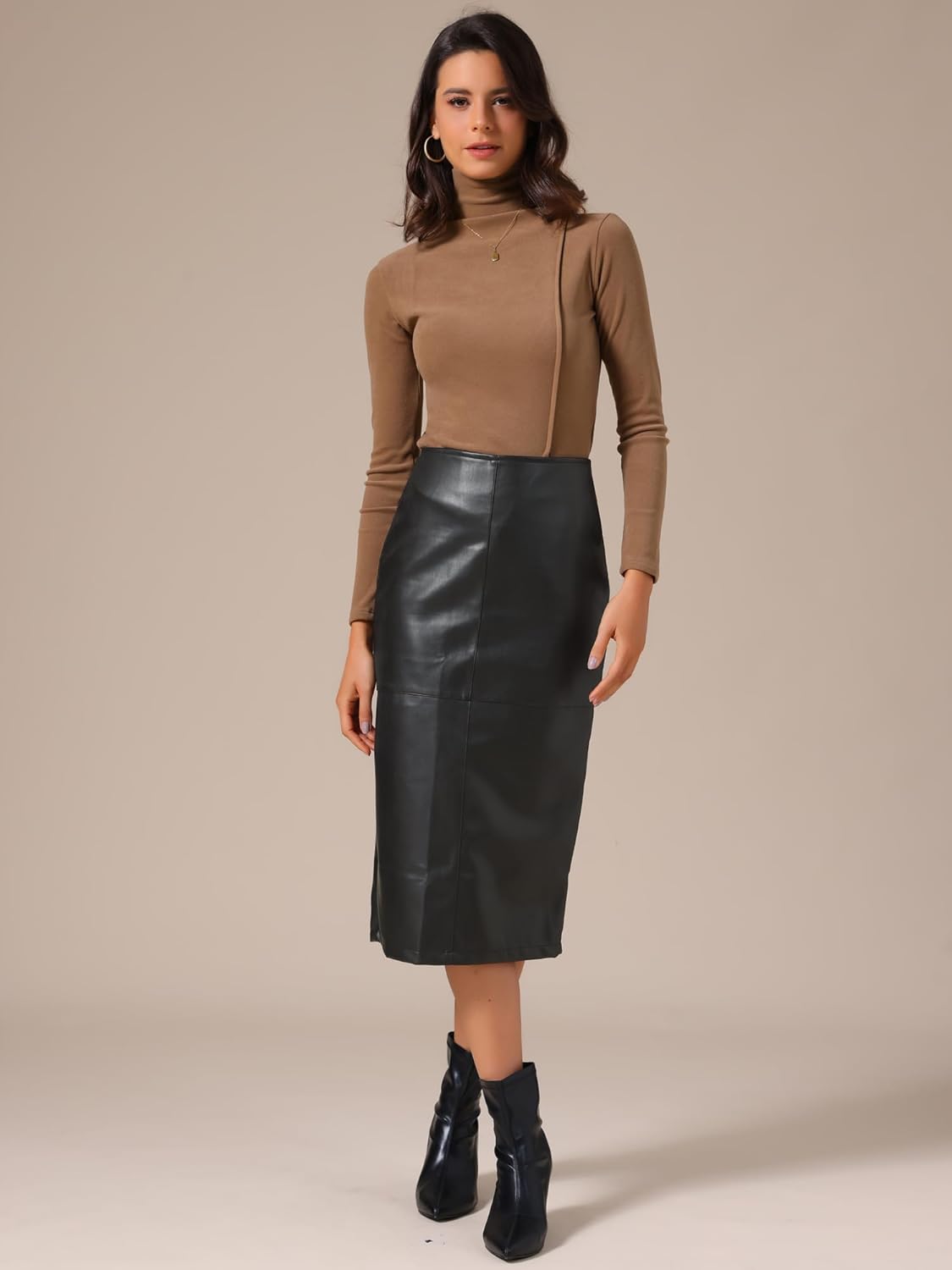 Allegra K Women's PU Leather Midi Skirts Party High Waist Split Back Bodycon Pencil Skirt - Image 3