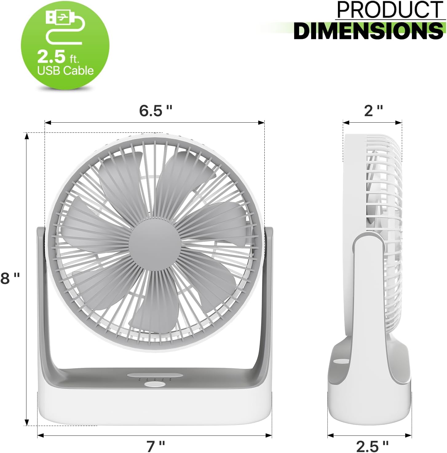 Magshion 7-inch USB Desk Fan dimensions.