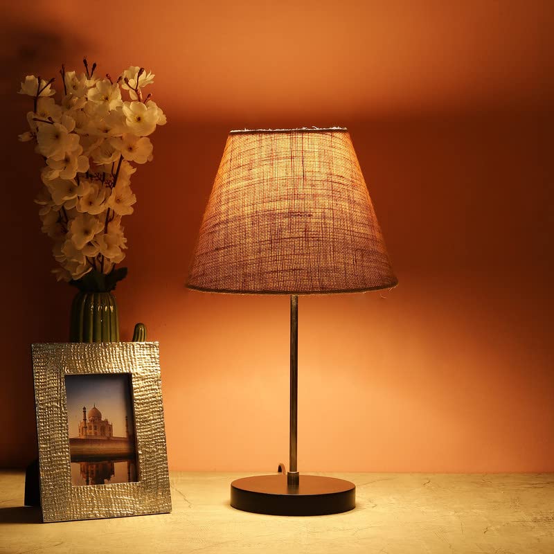 Image of Silver Table Lamp with Handmade Conical Jute Shade, Minimalist Design, for Couple Dinner /Coffee Table /Restaurant /Bedroom, On /Off Switch Long Wire