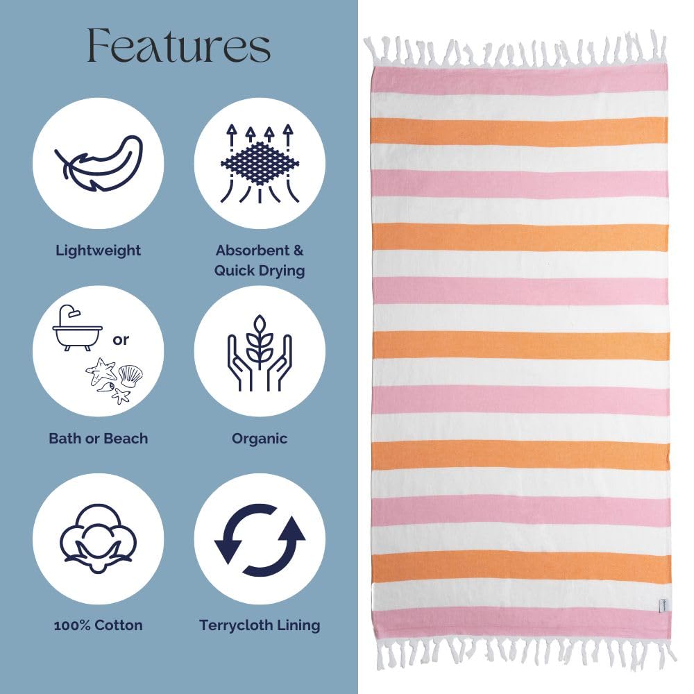 InfuseZen Turkish Peshtemal Towel With Terry Backing - Super Soft, Quick-Dry, Lightweight For Beach, Bath, Yoga & Travel - View #2
