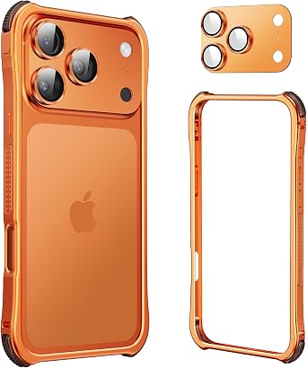 for iPhone 17 Pro Max Bumper Case with Camera Lens Protector,Aluminum Slim Thin No Back Phone Case Compatible with MagSafe,Metal Shockproof Protective Cover for iPhone 17 PromaxCosmic Orange