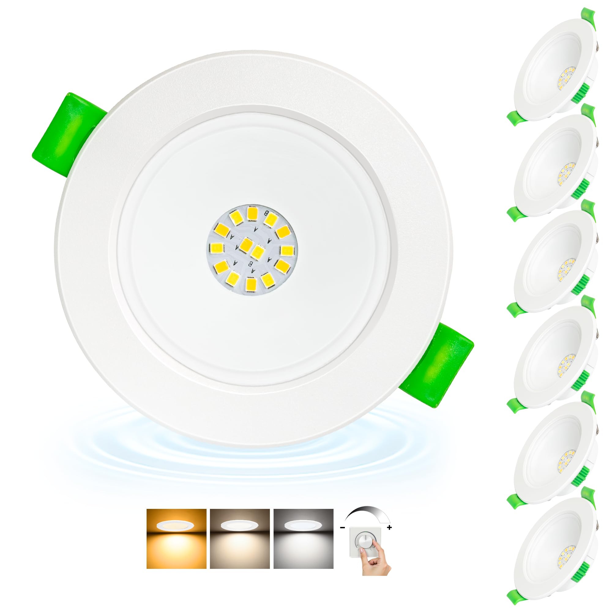 LED Einbaustrahler 230V Flach Dimmbar, 68-80mm Lochmaß 5W 650LM LED Spots, 2700K/4000K/6000K Einbauleuchten Einbauspots, IP44 Spots Deckenleuchte für Bad Küche, Deckenspots Weiß 6er Set